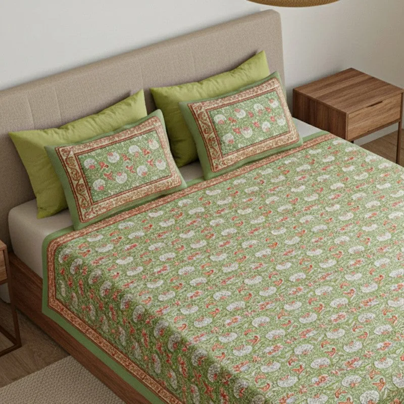 Madhur Cotton Bedsheet (Peach, Green) - 180 TC media 3