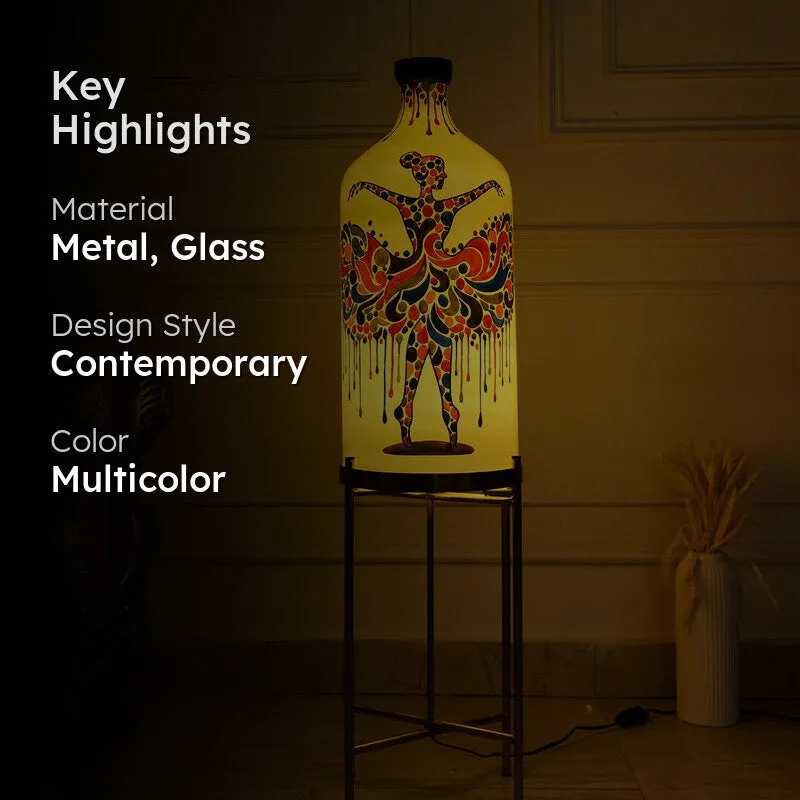 Lit multicolour floor lamp with highlighted material and style text overlay