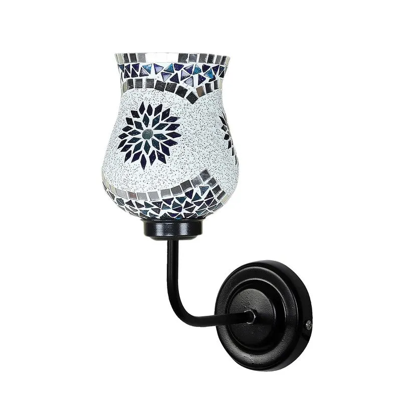 Front view of monochrome floral mosaic glass wall lamp on white background