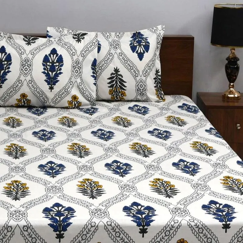 Chavvi Ethnic Microfiber Bedsheet (White & Blue) - 120 GSM media 1