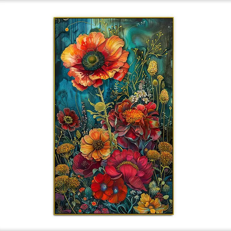Vibrant Poppy Trance Floral Canvas Wall Painting With Frame - Gold media 4