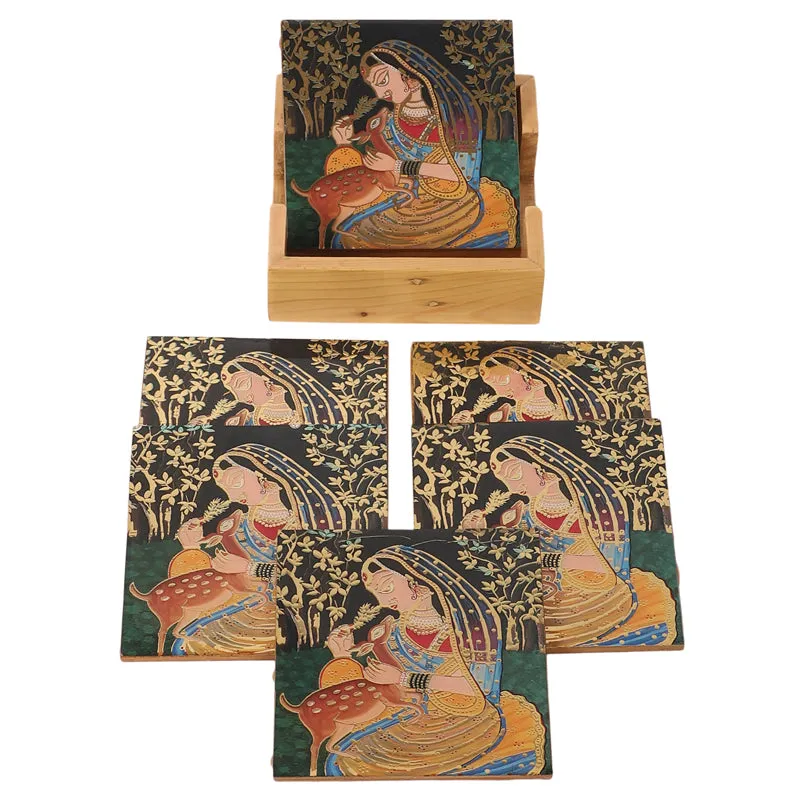 Kalamkari Wooden Costaer with Stand - Seven Piece Set media 4