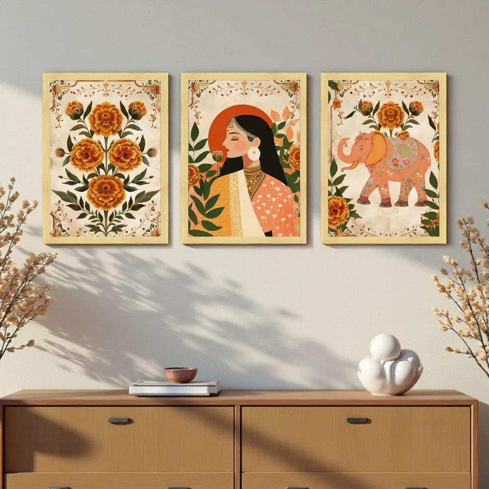 Madhura Folk Art Wall Painting Set With Frame - Set Of Three media 5
