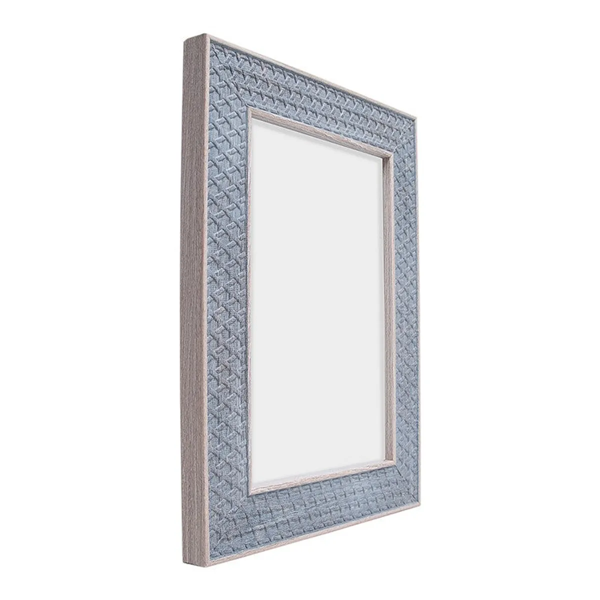 Side view showing the slim profile of a blue-grey textured photo frame.