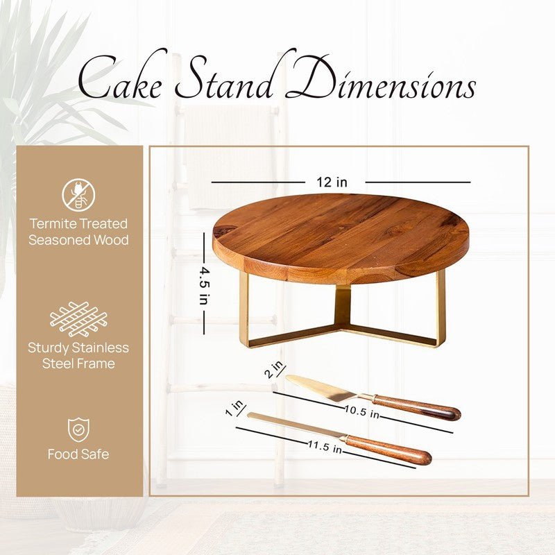 Delicia Teak Wood Cake Stand With Knife and Server (Brown) - Three Piece Set media 6