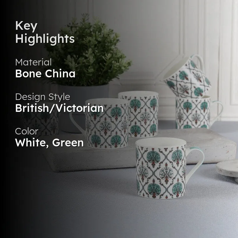 India Circus Bone China Tea Cup (220 mL Each),White,Green) - Set Of Six media 2