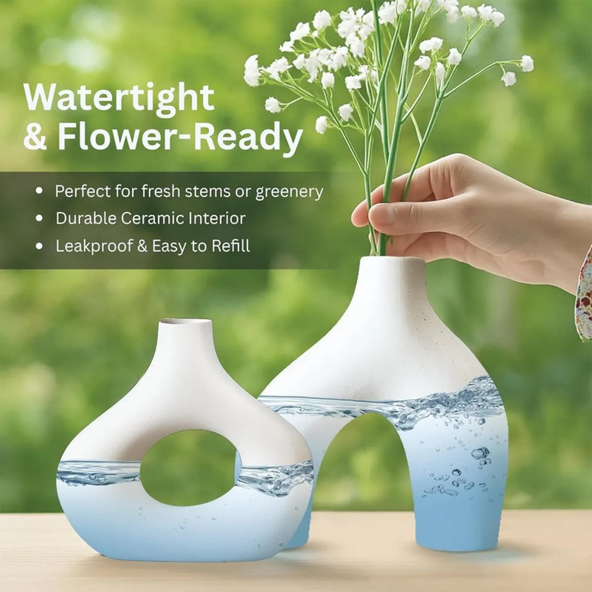 White sculptural vases with visible water effect styling and a hand placing white flowers in one vase.