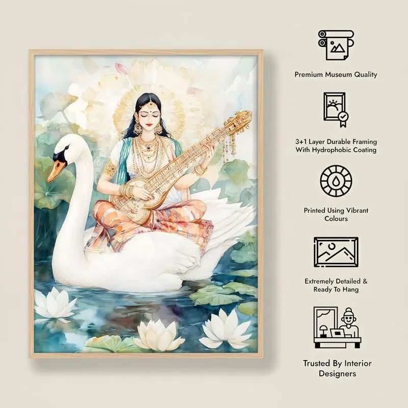 Vijnana Saraswati Spiritual Archival Paper Wall Painting - Natural Brown Frame media 8