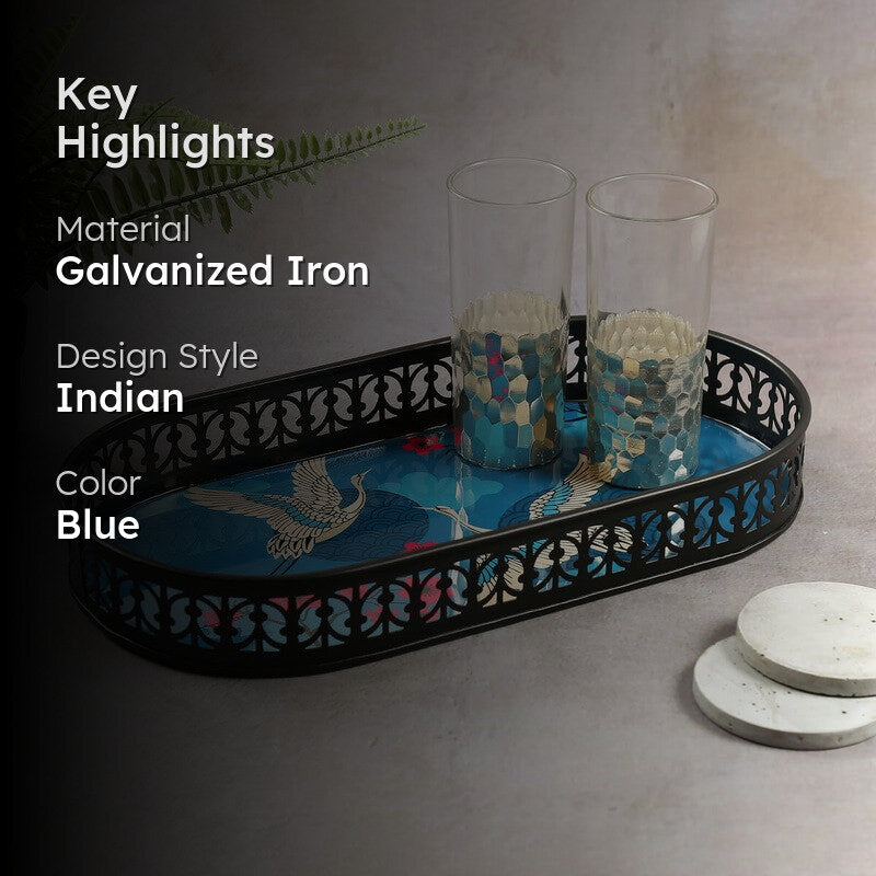 India Circus Cranebloom Blue Rectangle Galvanized Iron Serving Tray media 2