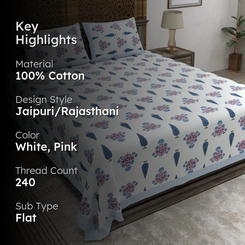 Desia Cotton Bedsheet (White,Pink) - 240 TC media 2