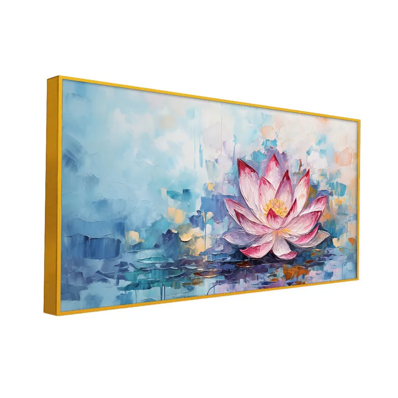 Azure Lotus Brushstrokes Floral Canvas Wall Painting With Frame - Gold media 3