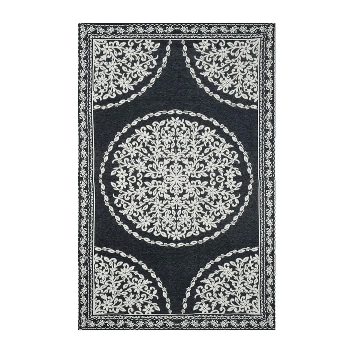 Rectangular grey and dark blue table cover with ornate floral medallion design