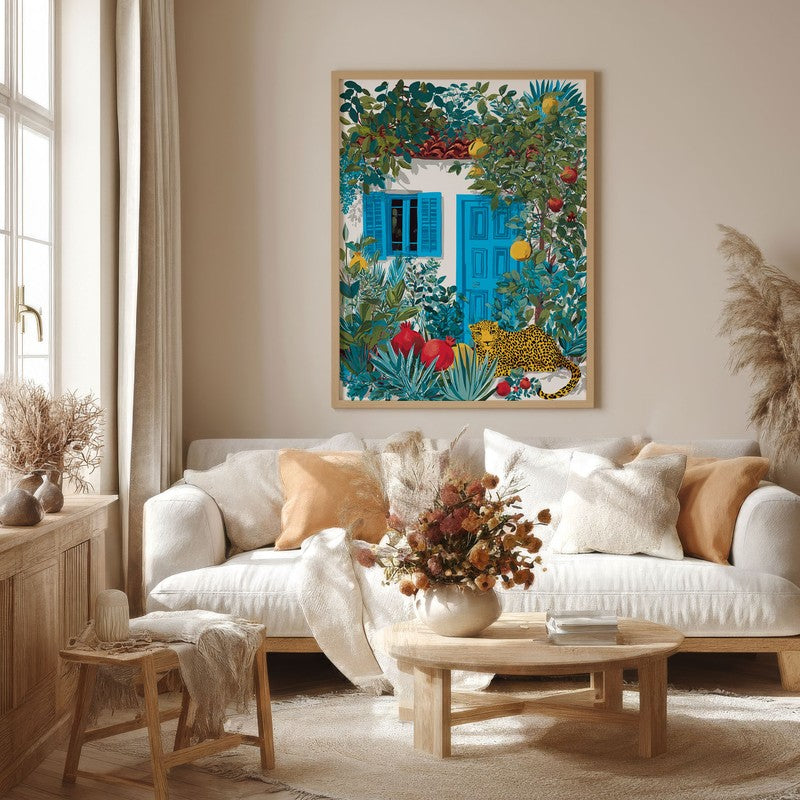 Floravista Botanical Blue Cottage Canvas Wall Painting With Brown Frame