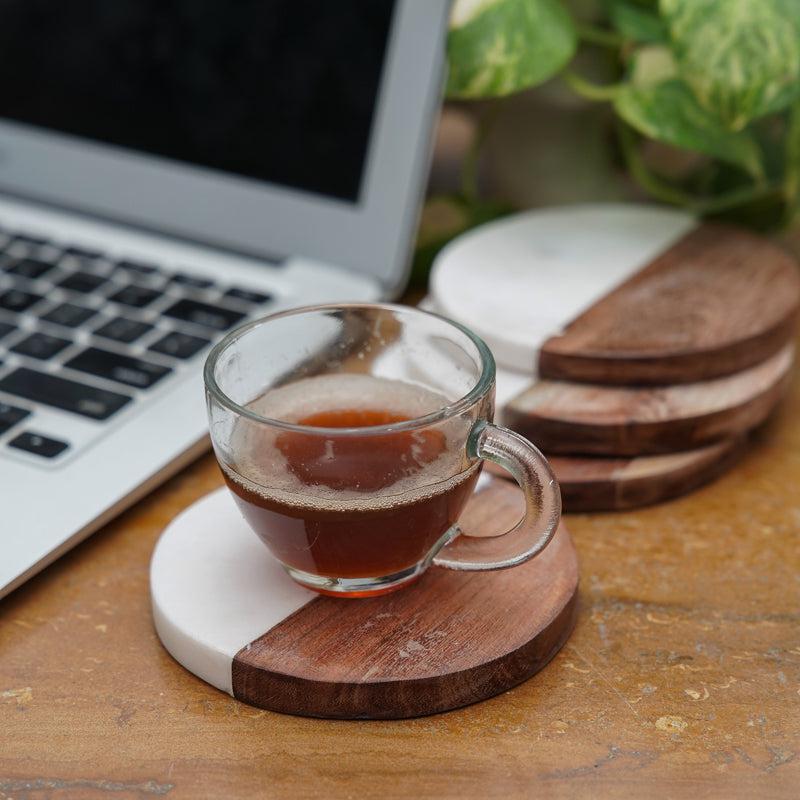 Losa Handmade Round Marble And Wooden Coaster - Set Of Four