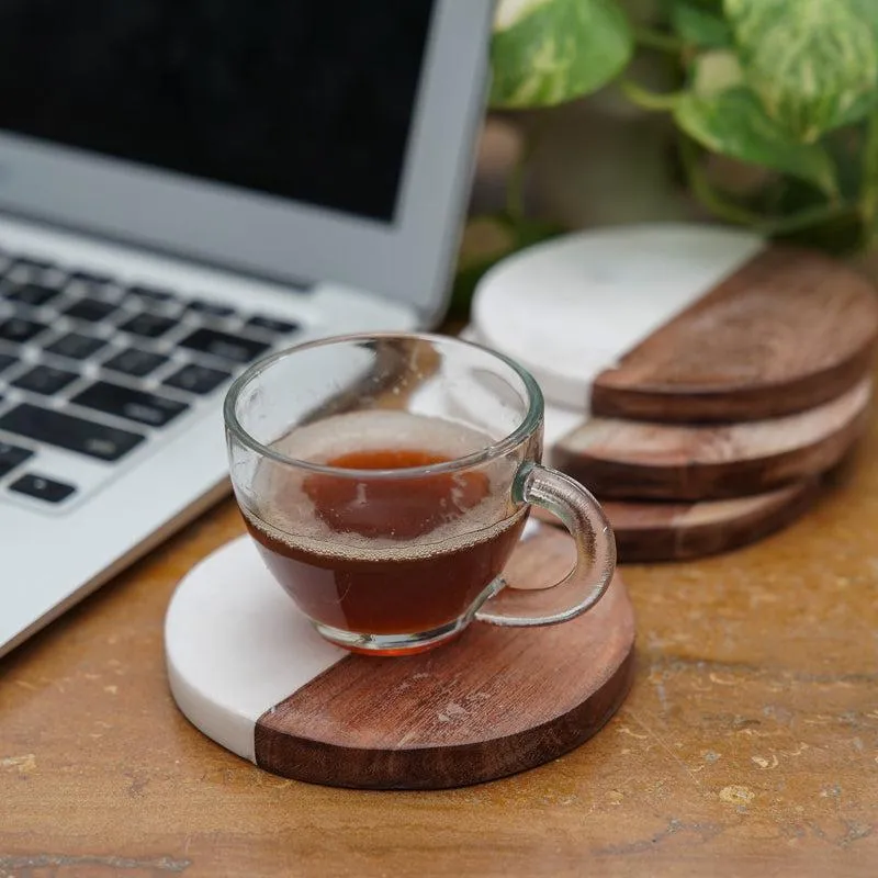 Losa Handmade Round Marble And Wooden Coaster - Set Of Four media 1