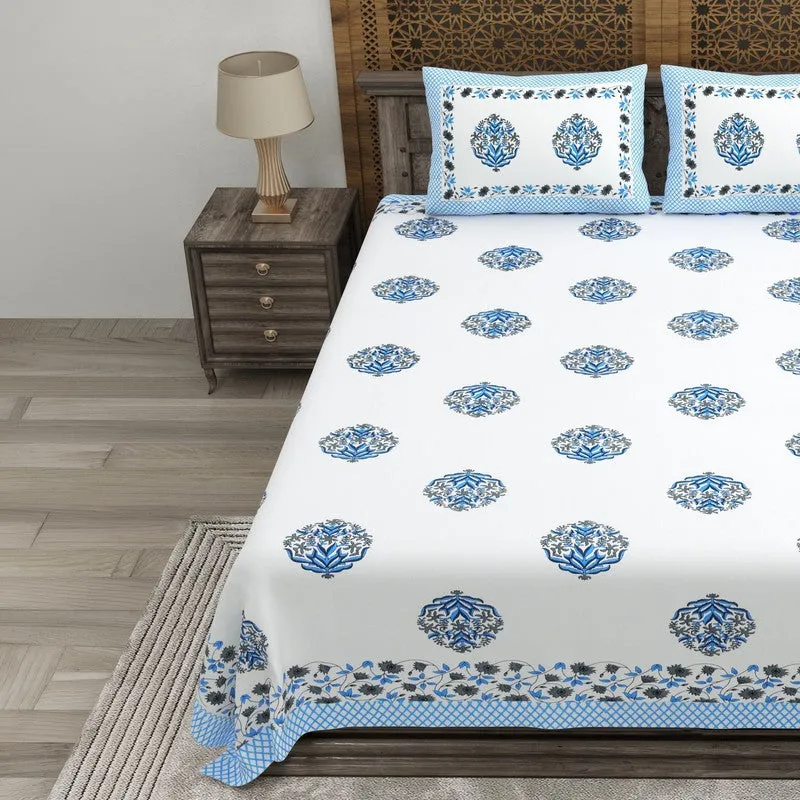 Rangen Cotton Bedsheet (White,Blue) - 240 TC media 3