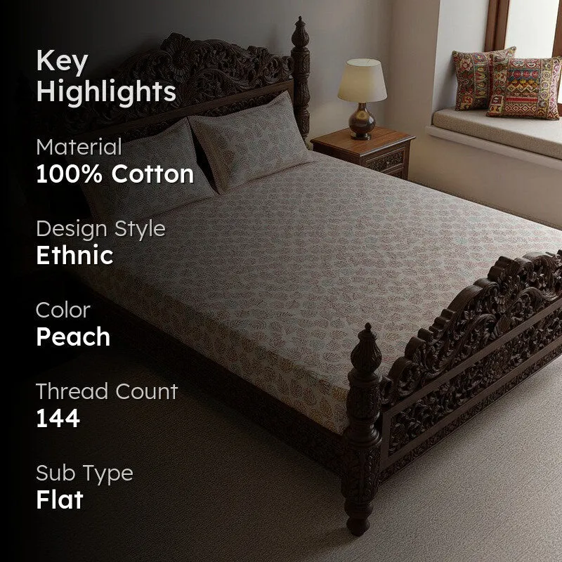 Nistara Floral Cotton Bedsheet (Peach) - 144 TC media 2
