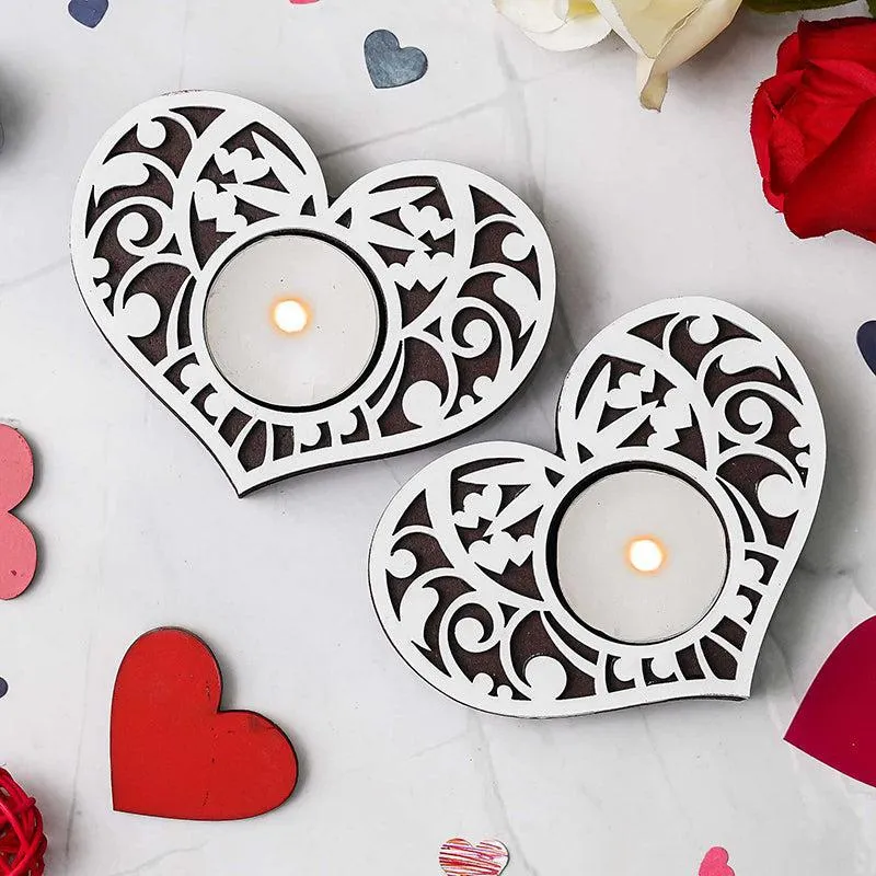Intricate Heart Wood Tea Light Holder (Black) - Set Of Two media 3