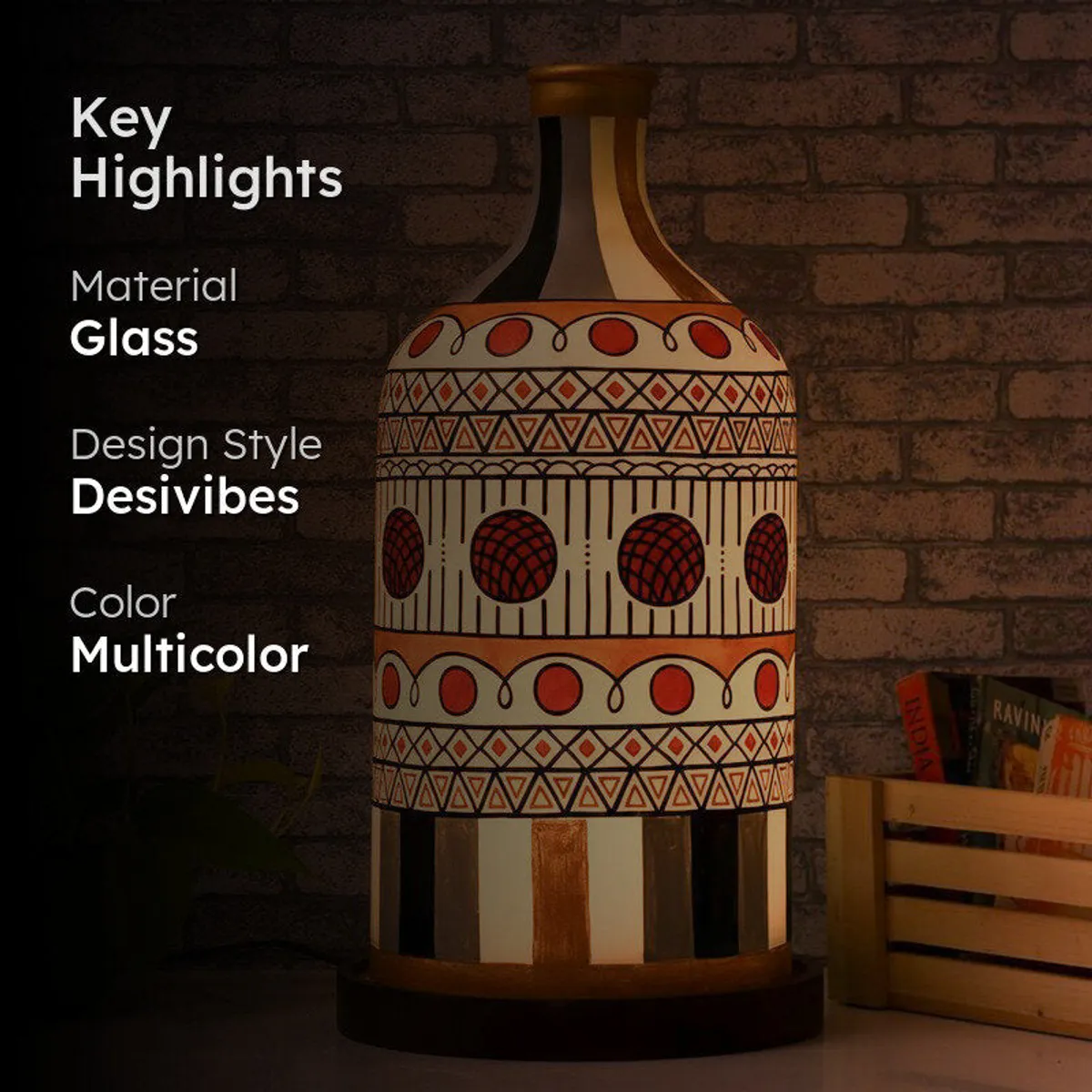 Lamp highlight image showing illuminated geometric pattern and bottle-shaped silhouette