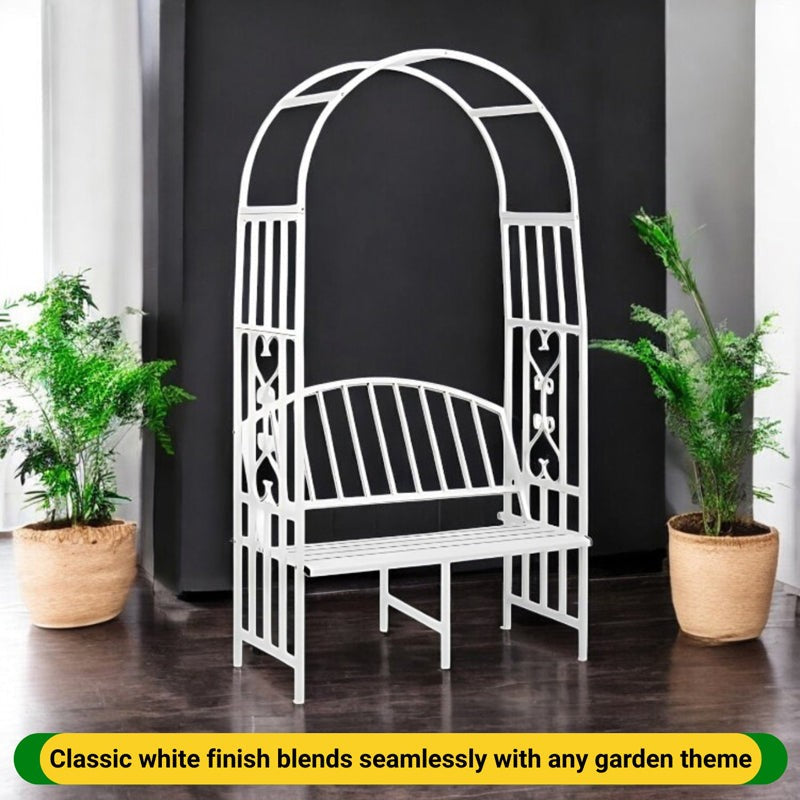 Arch Arbor Metal Outdoor Bench With Planter Stand - White media 5