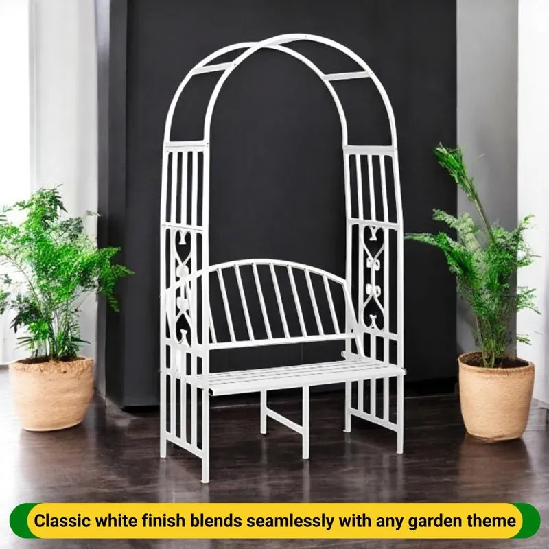 Arch Arbor Metal Outdoor Bench With Planter Stand - White media 5