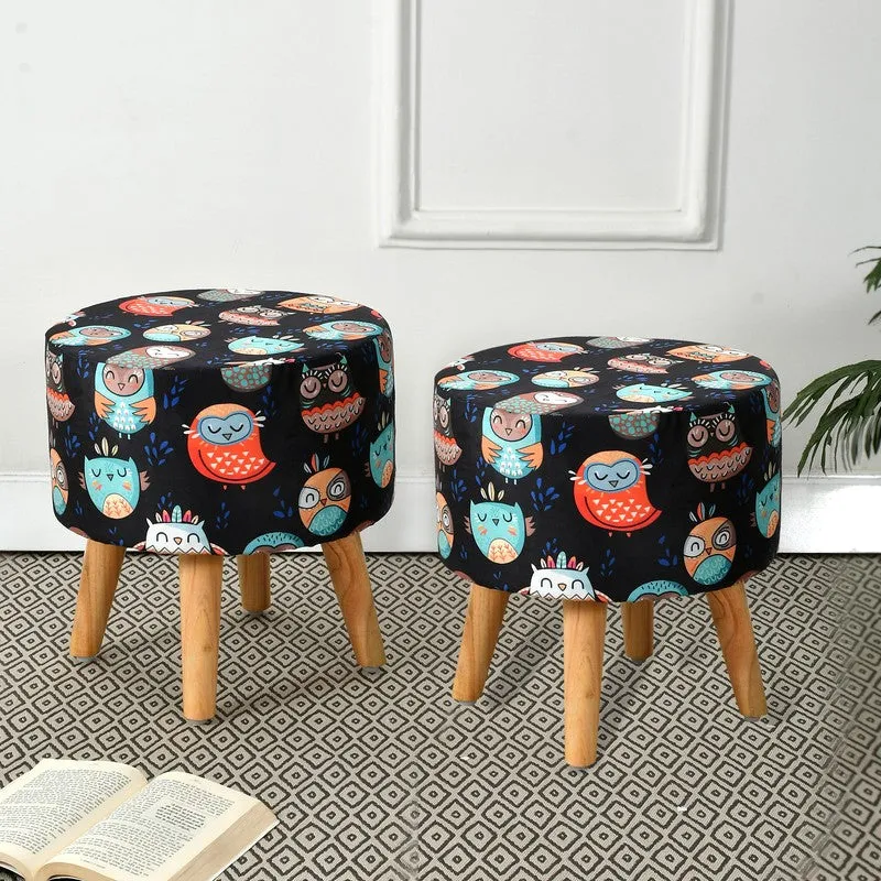 Avira Owl Print Multicolor Engineered Wood Ottomans - Set Of Two media 1