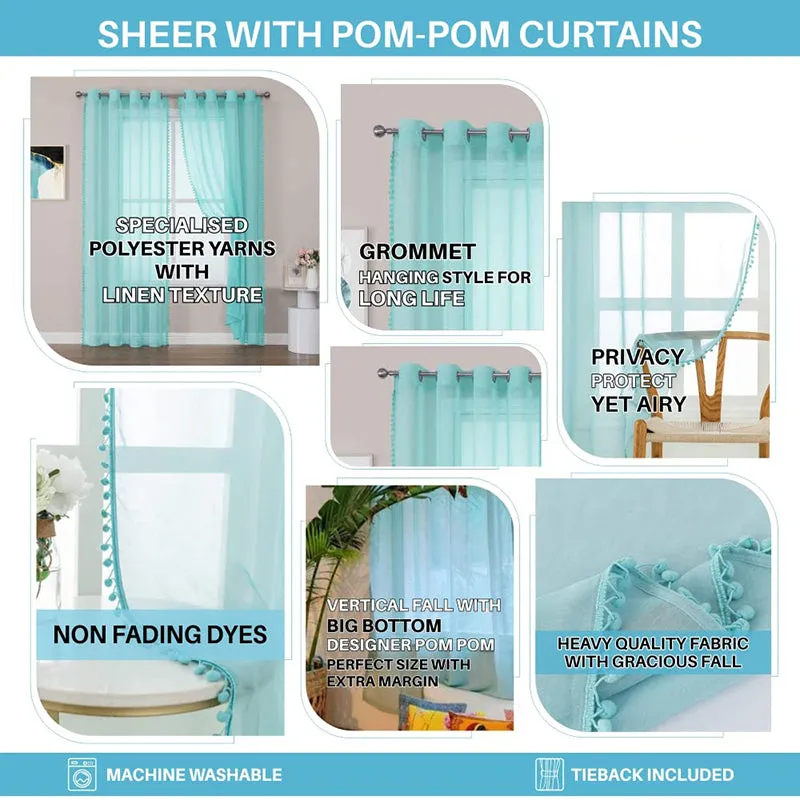 Urban Space Curtain With Pom Pom (Aqua Blue) - Set Of Two media 6