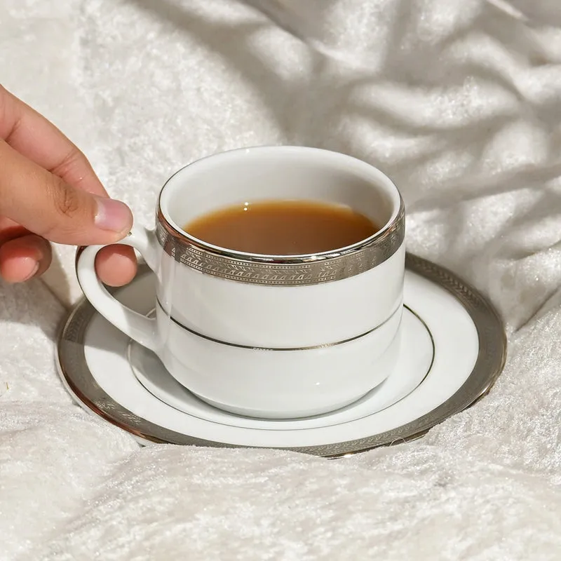Vienna 24k Gold Brushed Porcelain Tea Cup & Saucer (Platinum/280 mL) - Set of Six media 3