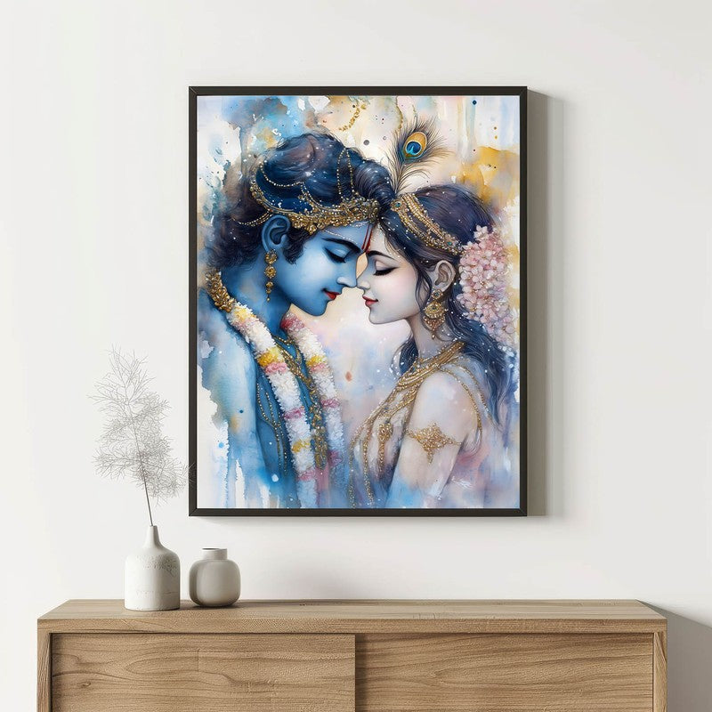 Radhe Gopala Spiritual Archival Paper Wall Painting With Frame - Black