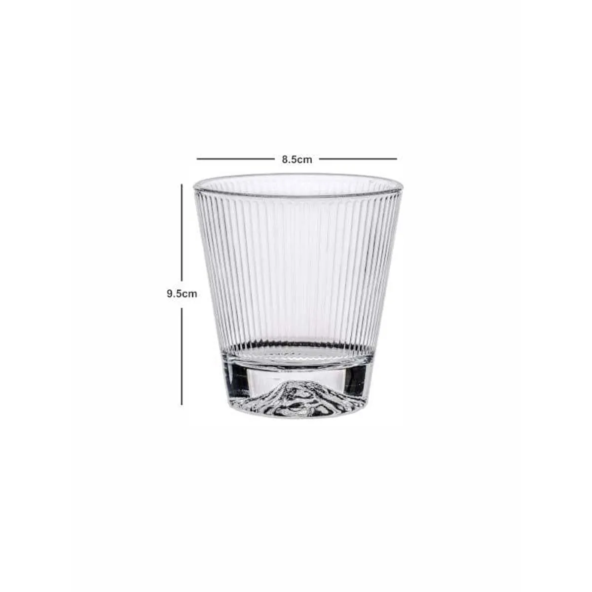 Single transparent ribbed whiskey glass with dimensions marked
