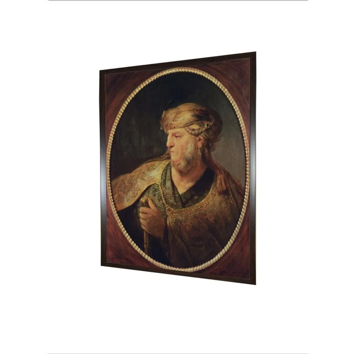 Angled side view of framed portrait wall painting
