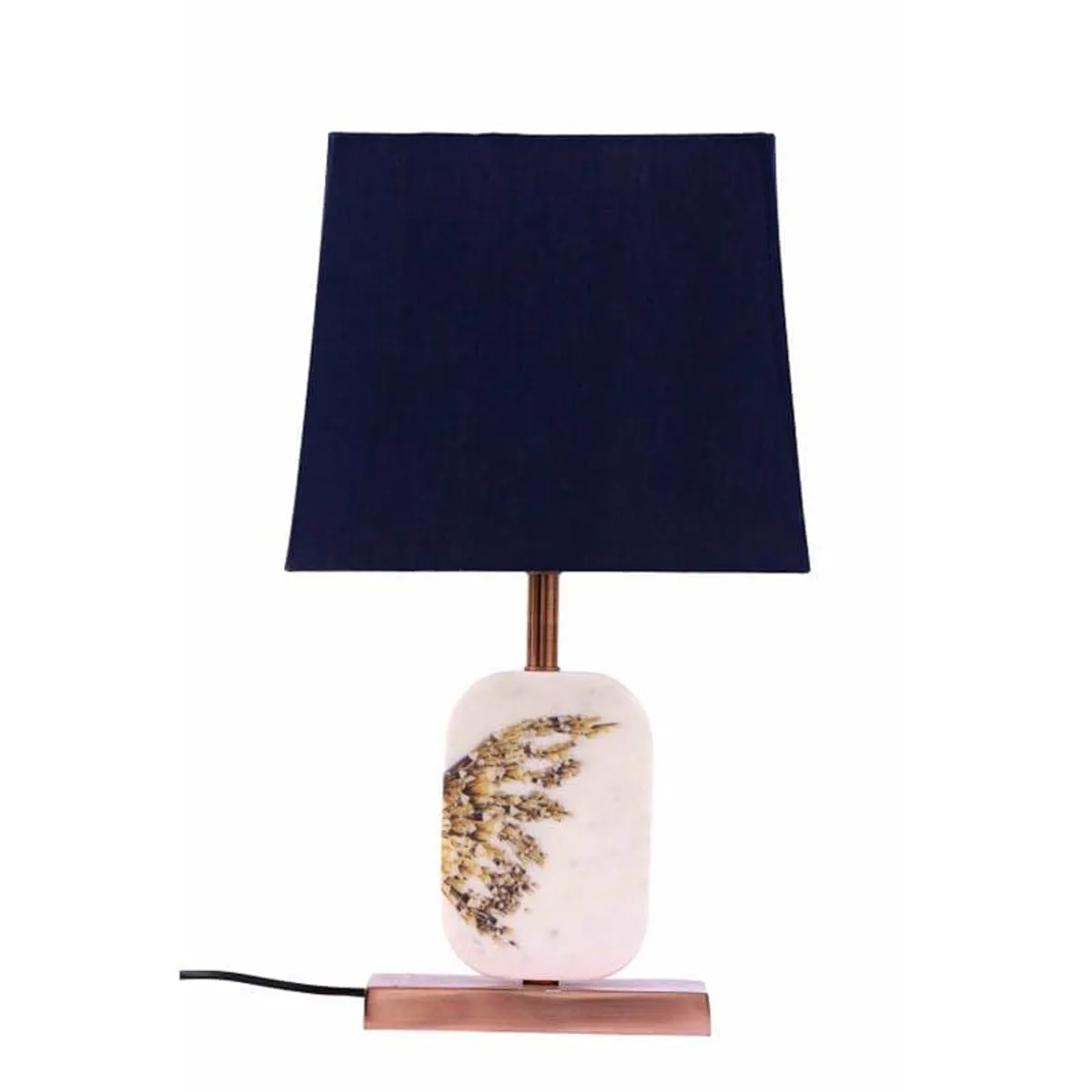 Freestanding blue-shaded table lamp with white veined marble base