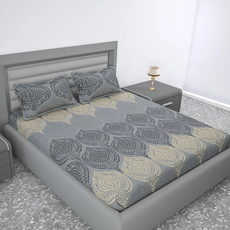 Folk Flair Ethnic Cotton Bedsheet (Grey) - 144 TC media 1