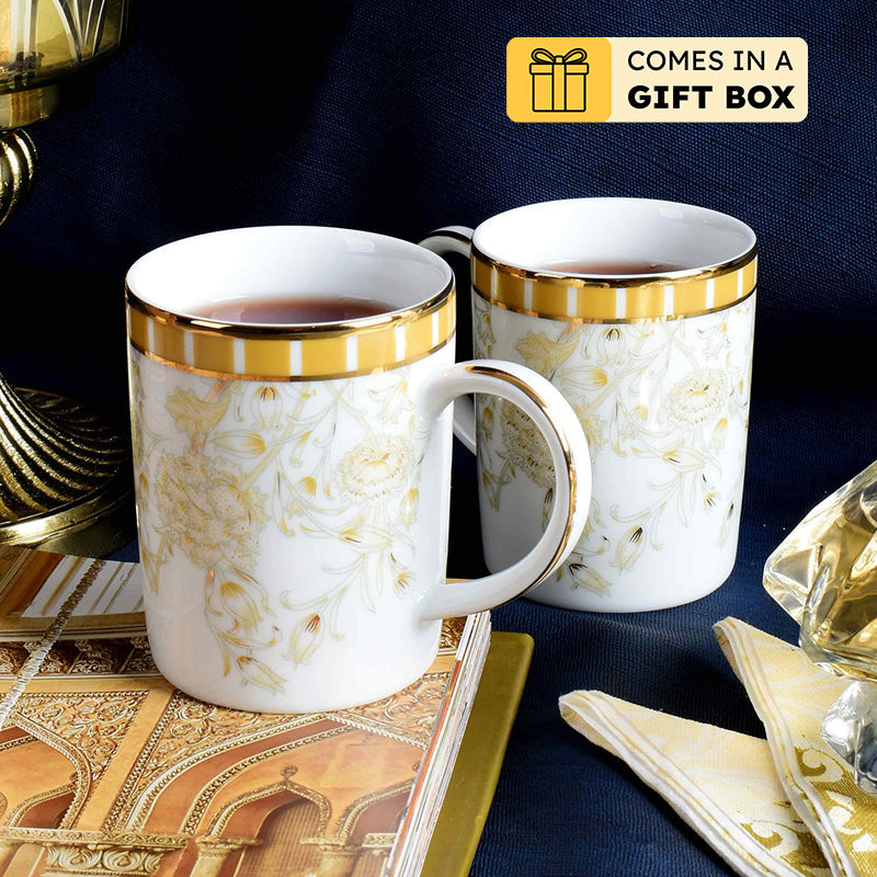 Gilded Iris Slim 24k Gold Brushed Porcelain Coffee Mug(280 mL Each/Gold) - Set Of Two - 280 ML