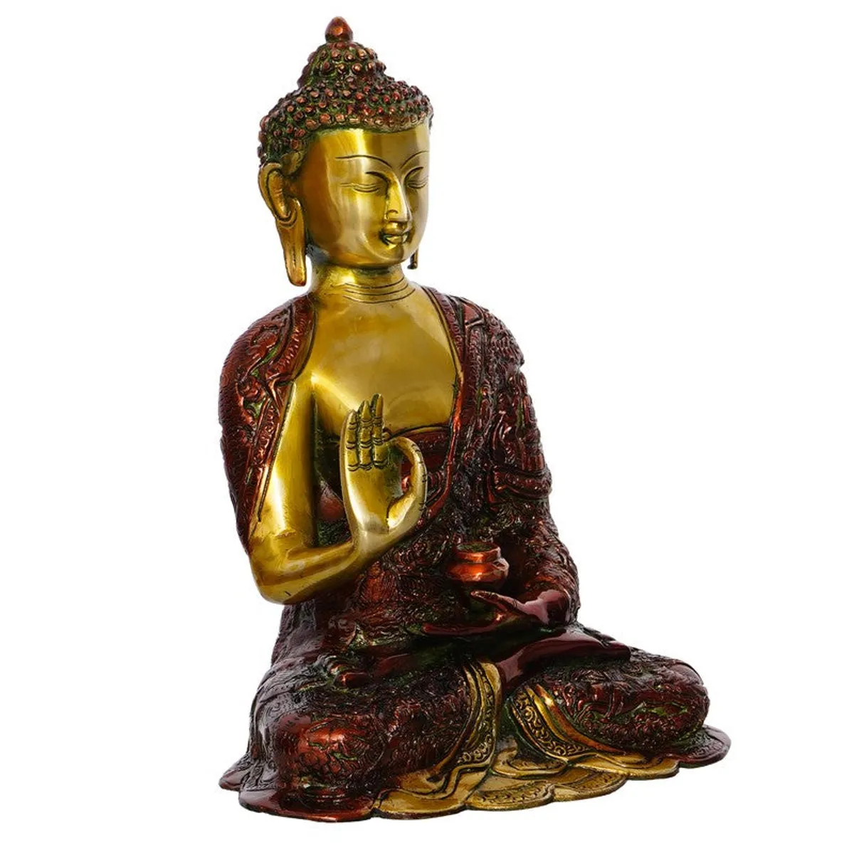 Angled side view of seated Buddha brass idol with raised hand gesture