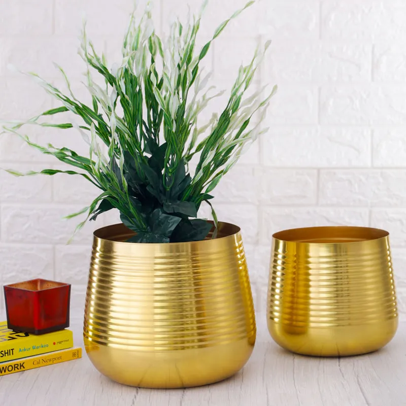 Auric Metal Golden Ribbed Planter - Set Of Two media 3