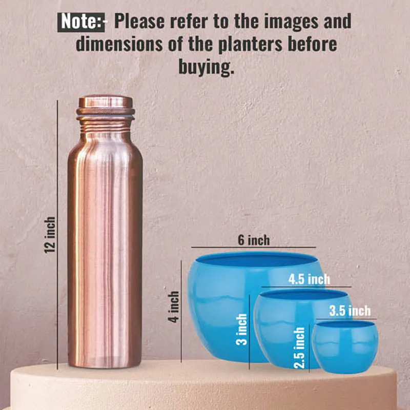 Three blue round planters shown beside a metal bottle for size comparison.