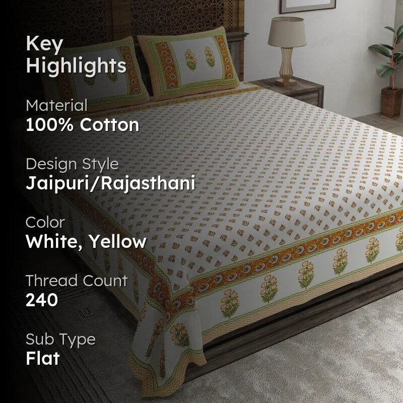 Nestva Cotton Bedsheet (White,Yellow) - 240 TC media 2