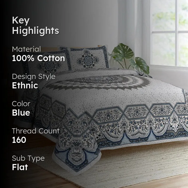 Sudrisha Ethnic Cotton Bedsheet (Blue) - 160 TC media 2