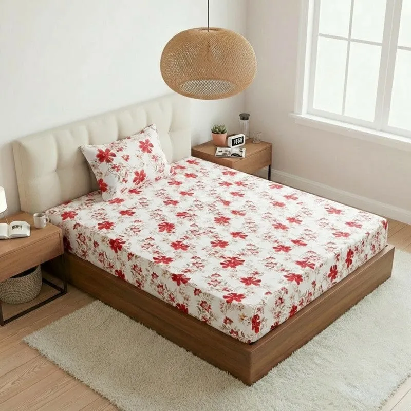 Jumina Floral Printed Cotton Bedsheet (Red) - 180 TC media 1
