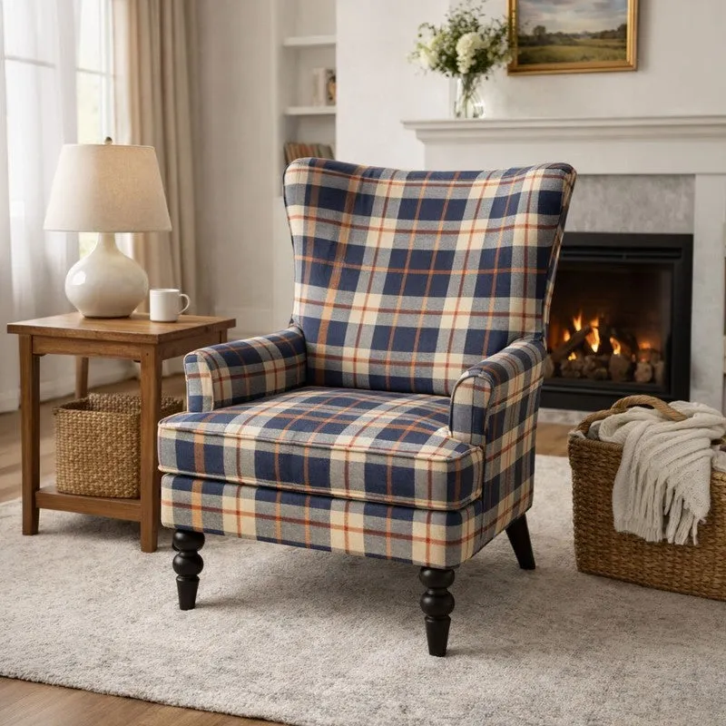 Navy Check Teak Wood & Velvet Upholstered Lounge Chair media 1