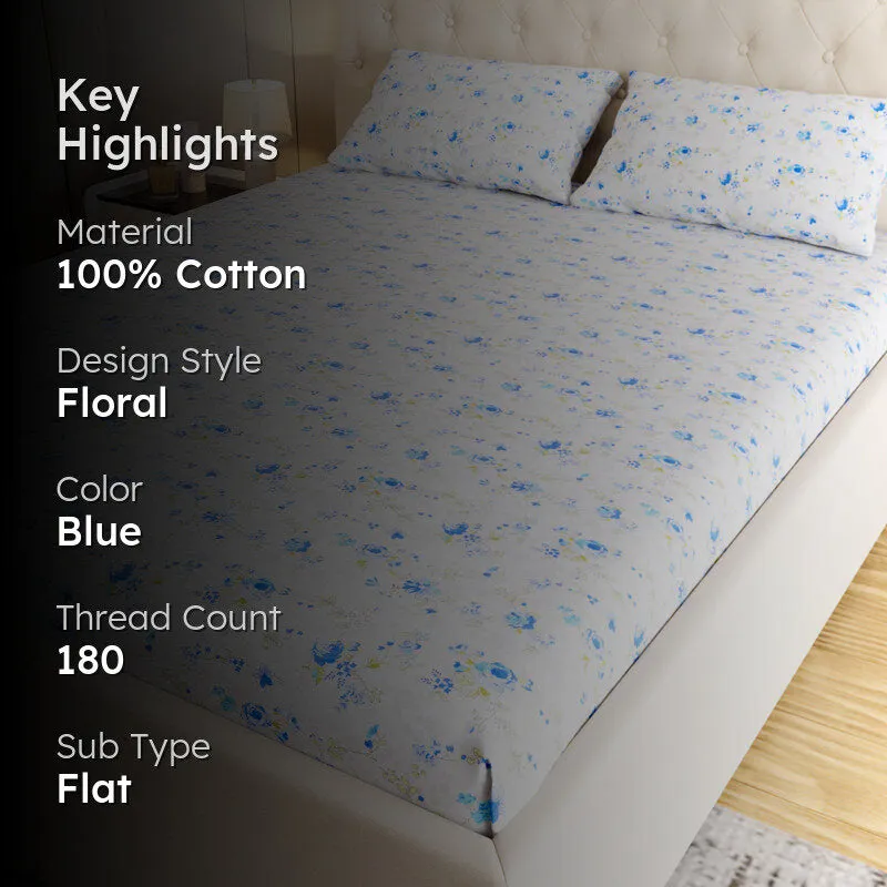 Dewdrop Floral Cotton Bedsheet (Blue) - 180 TC media 2