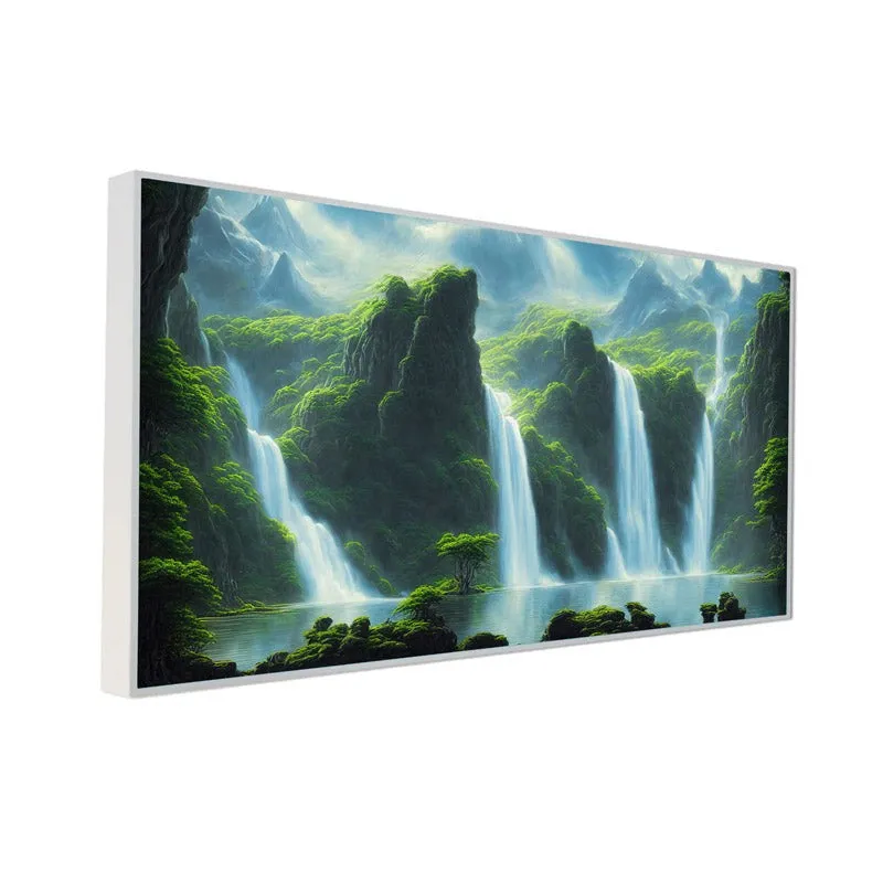 Angled view of the framed waterfall landscape canvas