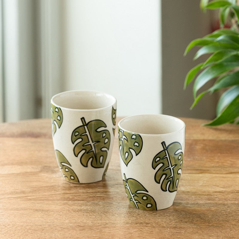 Leaf Ceramic Coffee Mug (280 mL Each) - Set Of Two