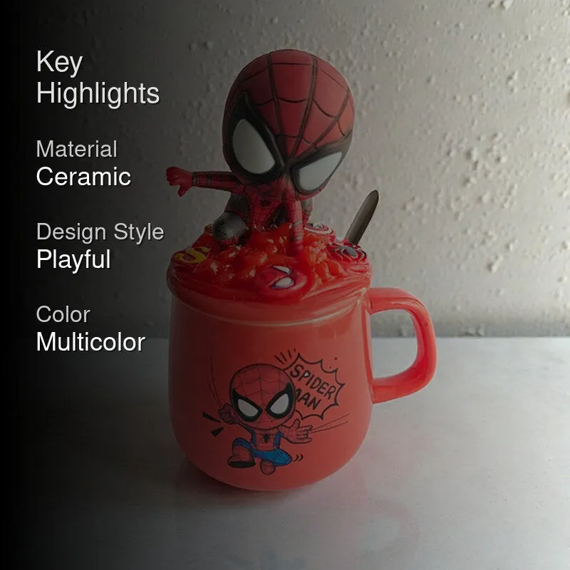 Red Spider-themed ceramic mug with character lid on dark highlight graphic