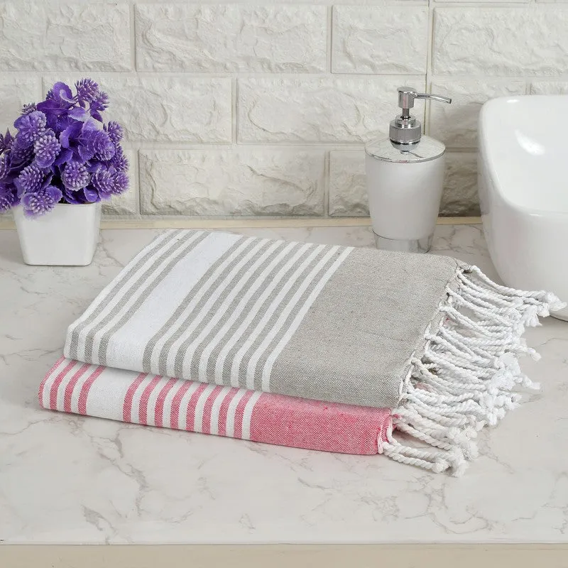 Loomera Striped Cotton Bath Towels (Pink & Beige) - Set Of Two media 1