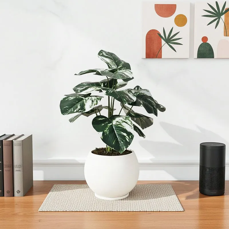Faux White Patch Monstera Silk Plant With Black Plastic Pot - 55 cms media 1