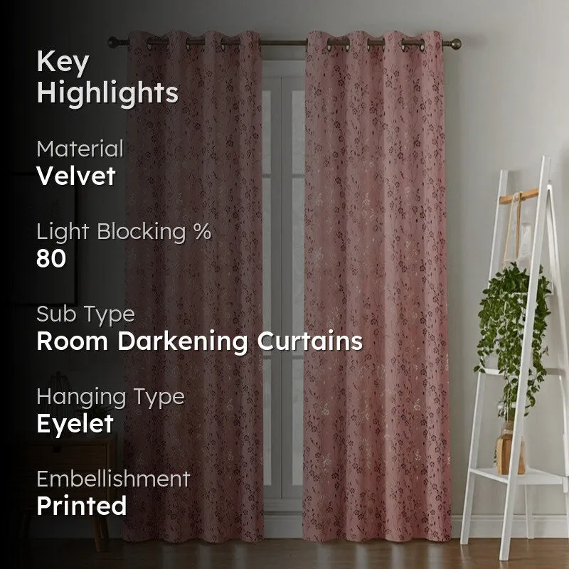Glow Touch Printed Velvet Curtains (Peach,Gold) - Set Of Two media 2