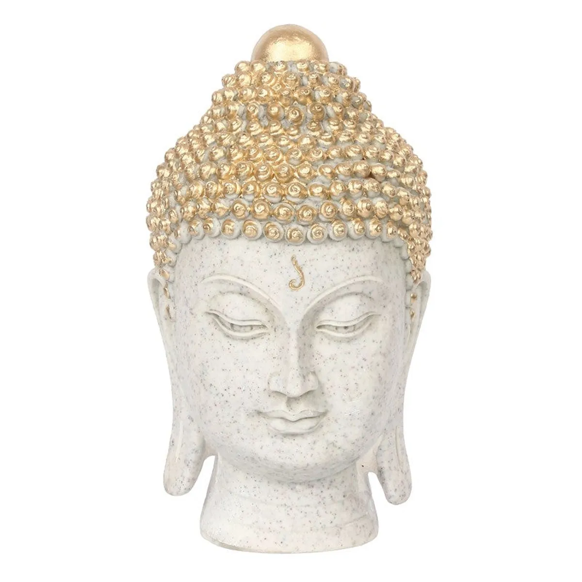 Front studio view of white and gold Buddha head idol