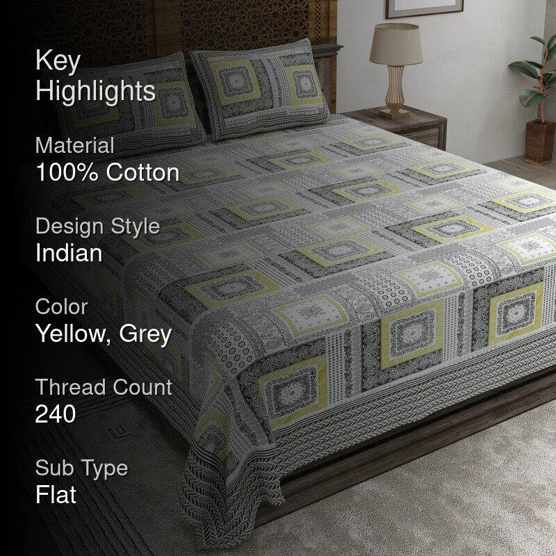 Looma Cotton Bedsheet (Yellow,Grey) - 240 TC media 2